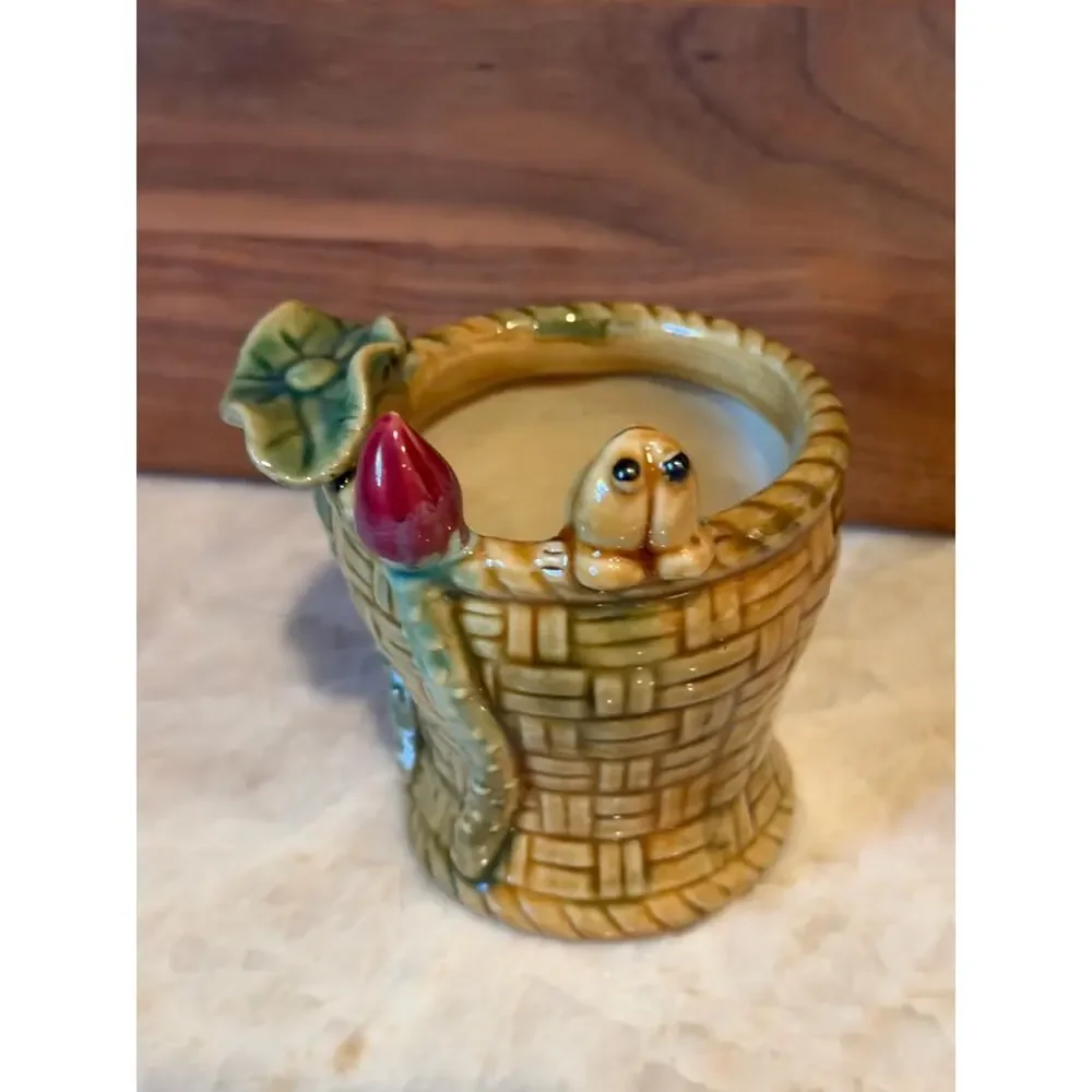 Vintage small pottery vase majolica frog and lily pad